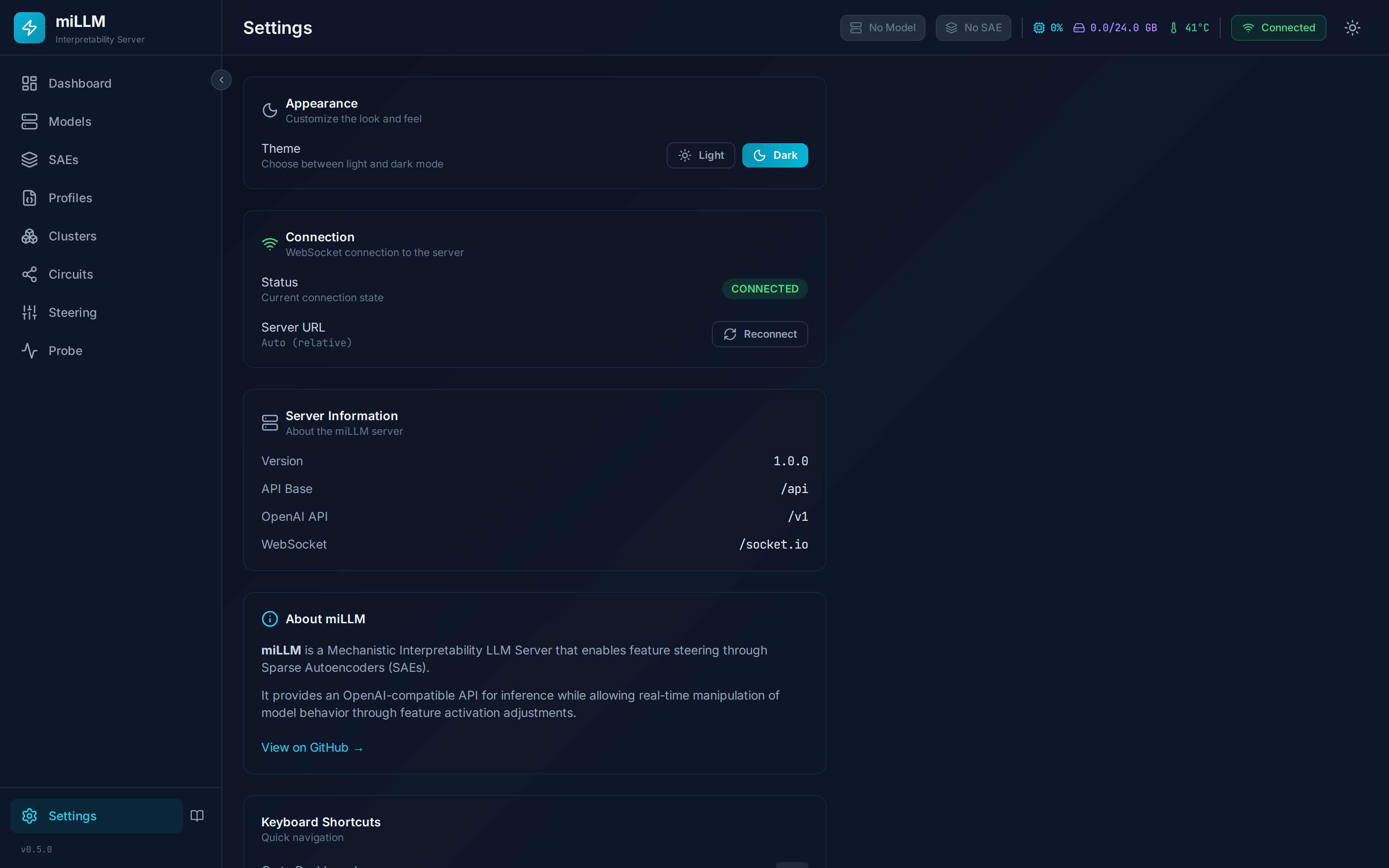 miLLM Settings Page